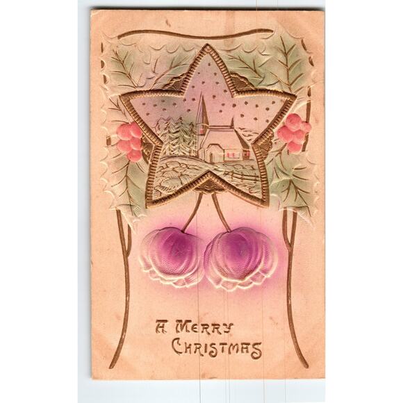 Vintage Embossed Christmas Postcard Star Church Holly Berries Airbrushed - Picture 1 of 2